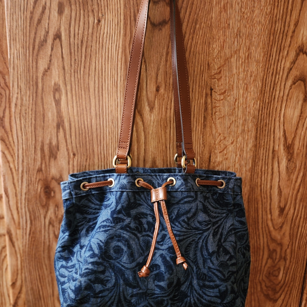 Patricia Nash Navy Denim Patterned Drawstring Tote with Brown Straps